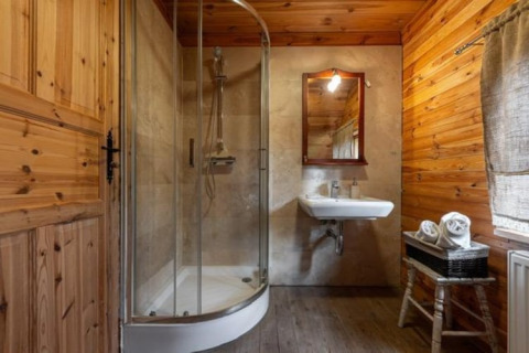Foto van een rustieke lodgebadkamer met glazen douche, wastafel, houten wanden en een raam.