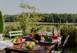 Buiten houten tafel met fruit, groenten en potten bij het Huis aan het meer Klępnica, Duitsland.