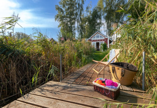 Houten steiger aan het meer met strandhuis, stoel en mand, omgeven door riet in Duitsland.