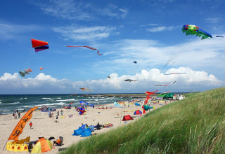 Beach scene with colorful kites flying, people relaxing and playing near House by Lake Klępnica in Germany.