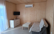 Soggiorno moderno con pareti in legno, divano, tavolino, TV, cassettiera e clima nei cottage Jarosławiec.