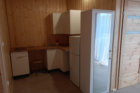 Små tekøkken med træpanelvægge i sommerhuset Twin single-storey cottages Jarosławiec i Danmark.