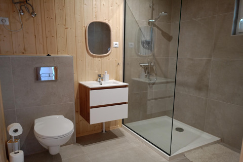 Modern bathroom in Twin single-storey cottages Jarosławiec, Denmark, with glass shower and wooden walls.
