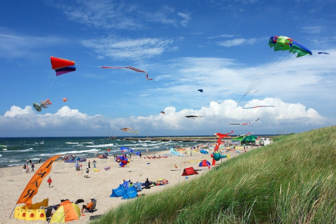 Farverige drager flyver over en strand med græs og telte ved Twin single-storey cottages Jarosławiec.