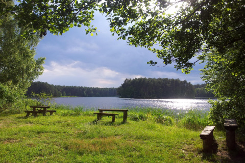 Blick auf den See vom „House in Rosnowo“ in Dänemark, mit Bänken und Sonnenlicht auf dem Wasser.