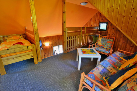 Cozy lodge loft area with single bed, sofa, coffee table, and wood-paneled walls and ceiling.