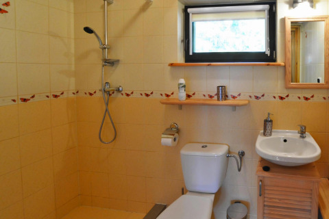 Baño limpio en un lodge con ducha, inodoro y lavabo, decorado con azulejos de mariposas en la pared.