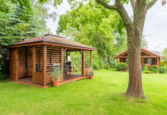 Dos acogedoras cabañas de madera en un césped verde rodeadas de árboles, ideales para glamping.