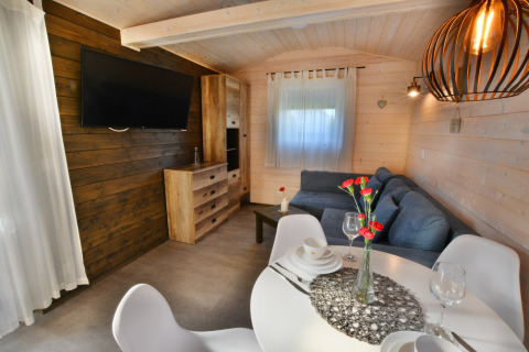 Gezellige woonruimte in een modern houten huisje met blauwe bank, eettafel, tv en natuurlijk licht.