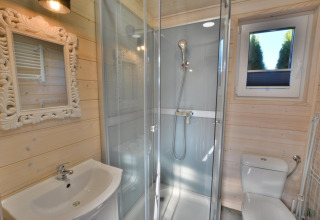 Modern badkamer in een houten blokhut met glazen douchecabine, sierlijke spiegel, wastafel en toilet.