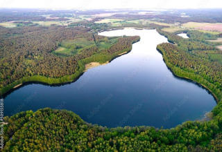 Luchtfoto van een vredig meer omgeven door dicht bos en weilanden, genomen bij een lodge in de lente.