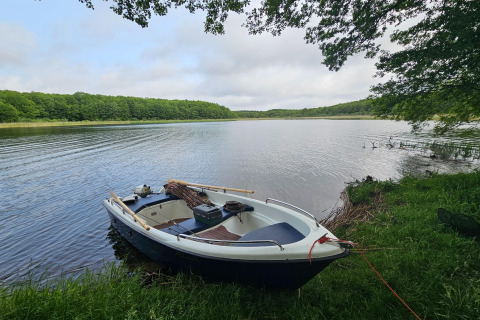 Boot aangemeerd aan het meer met bos op de achtergrond bij LAWENDA vakantiehuis, Grąbczyn, Denemarken.