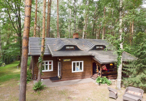 Træhytte kendt som Holiday home Debki omgivet af en tæt skov, set udefra på en rolig dag.