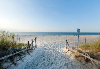 Chemin de sable avec une clôture en bois menant à la plage paisible à Holiday home «Debki» en Suède.