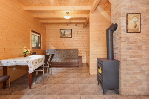Wood-paneled living room at Holiday complex Pobierowo-Doppelhaus with sofa, dining table and stove.