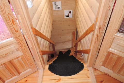 Houten trap met zwart tapijt, leuningen en kunst aan de muur in een vakantiehuis in Rewal.