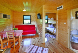 Zomers huisje voor vier personen in Mielno, Denemarken, met houten interieur, stapelbed en badkamer.