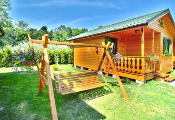 Sommerhaus für 4 Personen in Mielno mit Holzschaukel, blühenden Blumen und grünem Garten im Sonnenschein.
