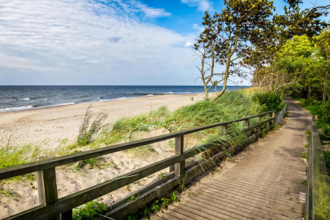 Passerella in legno sulla spiaggia sabbiosa di Kołobrzeg, Danimarca, tra vegetazione e mare blu.