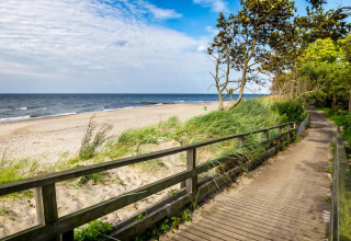 Houten wandelpad langs het strand van Kołobrzeg, Denemarken, met uitzicht op zee en duinen.