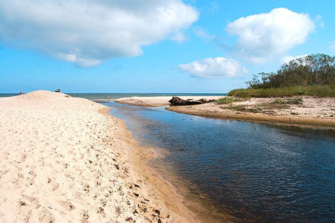 Brede zandstrand met een beekje en groen, nabij zomerhuisjes voor 4 personen in Mielno, Denemarken.