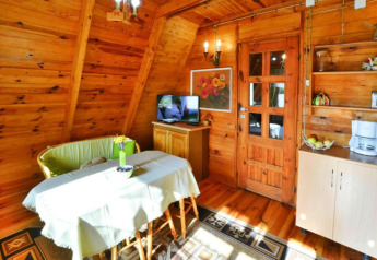 Cozy wooden interior of Summer cottage 70 m2 TYPE B Osieki, with dining table, sofa, and kitchenette.