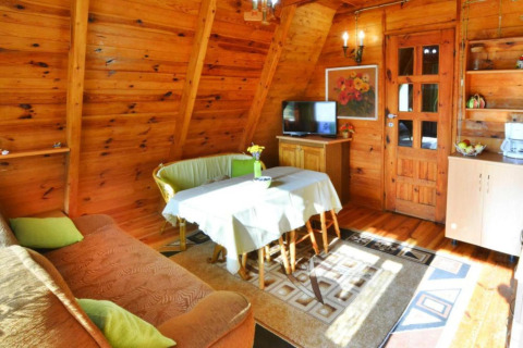 Knusse houten woonkamer in een zomerhuisje met eettafel, bank, tv, vloerkleed en zonlicht.