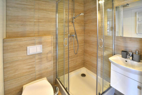 Baño moderno con ducha, inodoro y lavabo en cabaña de Single-storey holiday cottages Sarbinowo, Dinamarca.