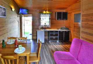 Interieur van een gelijkvloerse chalet in Ustronie Morskie met houten muren, keuken en roze zetel.