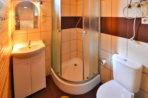 Bathroom in a single-storey cottage with shower, sink, and toilet in Ustronie Morskie, Denmark, well lit.