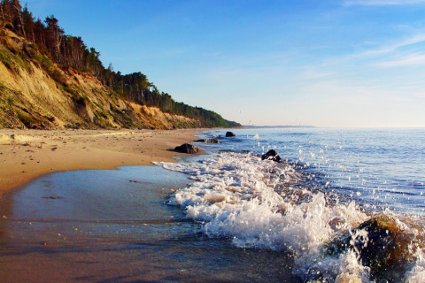 Kustlandschap met zandstrand, golven tegen de rotsen en beboste kliffen op de achtergrond.