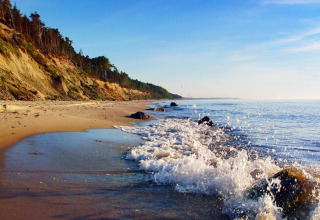 Kustlandschap met zandstrand, golven die breken op rotsen en beboste kliffen op de achtergrond.
