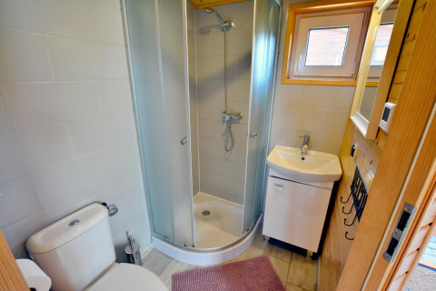 Modern cabin bathroom with shower enclosure, toilet, sink, small window, and wooden accented walls.