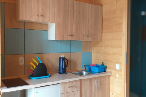Kleine kitchenette in een huisje bij Holiday cottages Sarbinowo, Denemarken, met kastjes en messenblok.