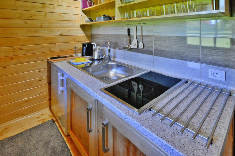 Modern kitchenette in a wooden cabin with induction cooktop, sink, utensils, and open shelving.