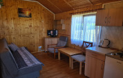 Træbeklædt stue i Jarosławiec-enkeltplanshytte med sofa, bord, stole, tekøkken og vindue med gardiner.