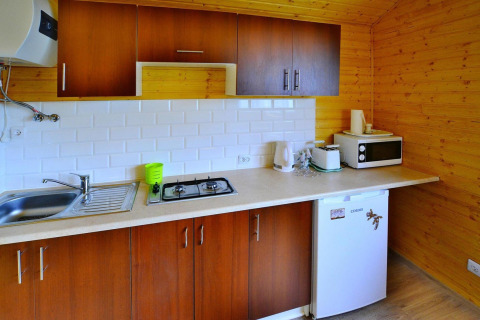 Cabin kitchen at Domki letniskowe Rusinowo in Denmark with stove, sink, microwave, and mini fridge.
