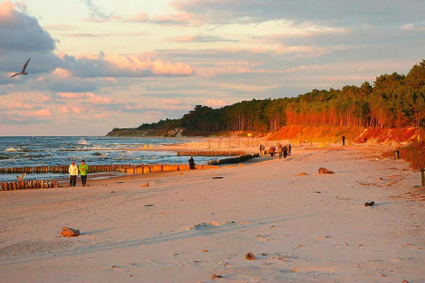 Sunset over a quiet sandy beach near Domki letniskowe Rusinowo with people, sea, and forest view.