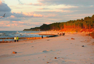 Sunset over a quiet sandy beach near Domki letniskowe Rusinowo with people, sea, and forest view.