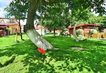 Aire de jeux dans un jardin verdoyant avec balançoires et arbres au Domek letniskowy PATRYK Ostrowiec Slawienski, Danemark.