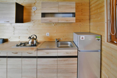 Kleine keuken met houten wanden, kookplaat, waterkoker, gootsteen en koelkast in Jarosławiec, Denemarken.