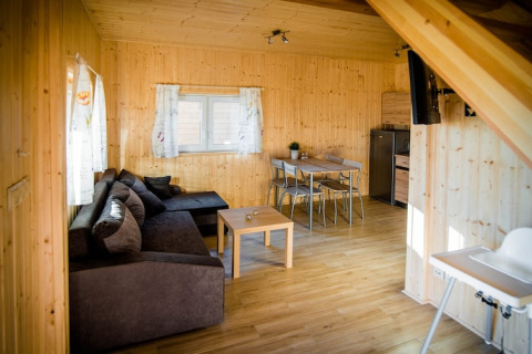 Gezellige leefruimte in Ustecka Osada 45m2 lodge in Denemarken met houten bekleding, zetel en eetruimte.