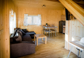 Gezellige leefruimte in Ustecka Osada 45m2 lodge in Denemarken met houten bekleding, zetel en eetruimte.