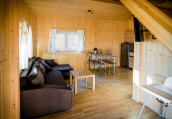 Living area of Ustecka Osada 45m2 lodge in Denmark featuring wood walls, sofa, dining table and kitchenette.