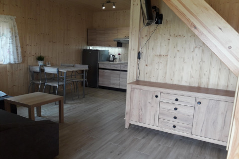 Woonkamer en keuken in de Ustecka Osada 45m2 lodge, houten interieur met moderne meubels in Denemarken.