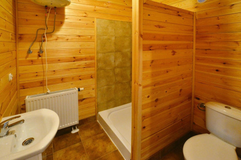 Badeværelse med træpaneler, bruser, håndvask, toilet og radiator i Domki wakacyjne Przewłoka i Danmark.