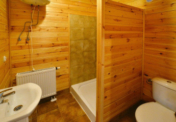 Salle de bain avec panneaux en bois, douche, lavabo et WC chez Domki wakacyjne Przewłoka au Danemark.