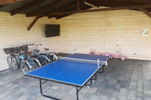 Fællesrum i Domki wakacyjne Przewłoka i Danmark med bordtennisbord, cykler og børnelegetøj.