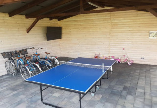 Fællesrum i Domki wakacyjne Przewłoka i Danmark med bordtennisbord, cykler og børnelegetøj.