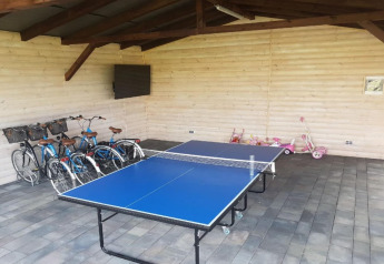 Shared area at Domki wakacyjne Przewłoka in Denmark with ping pong table, bikes, and children's toys.